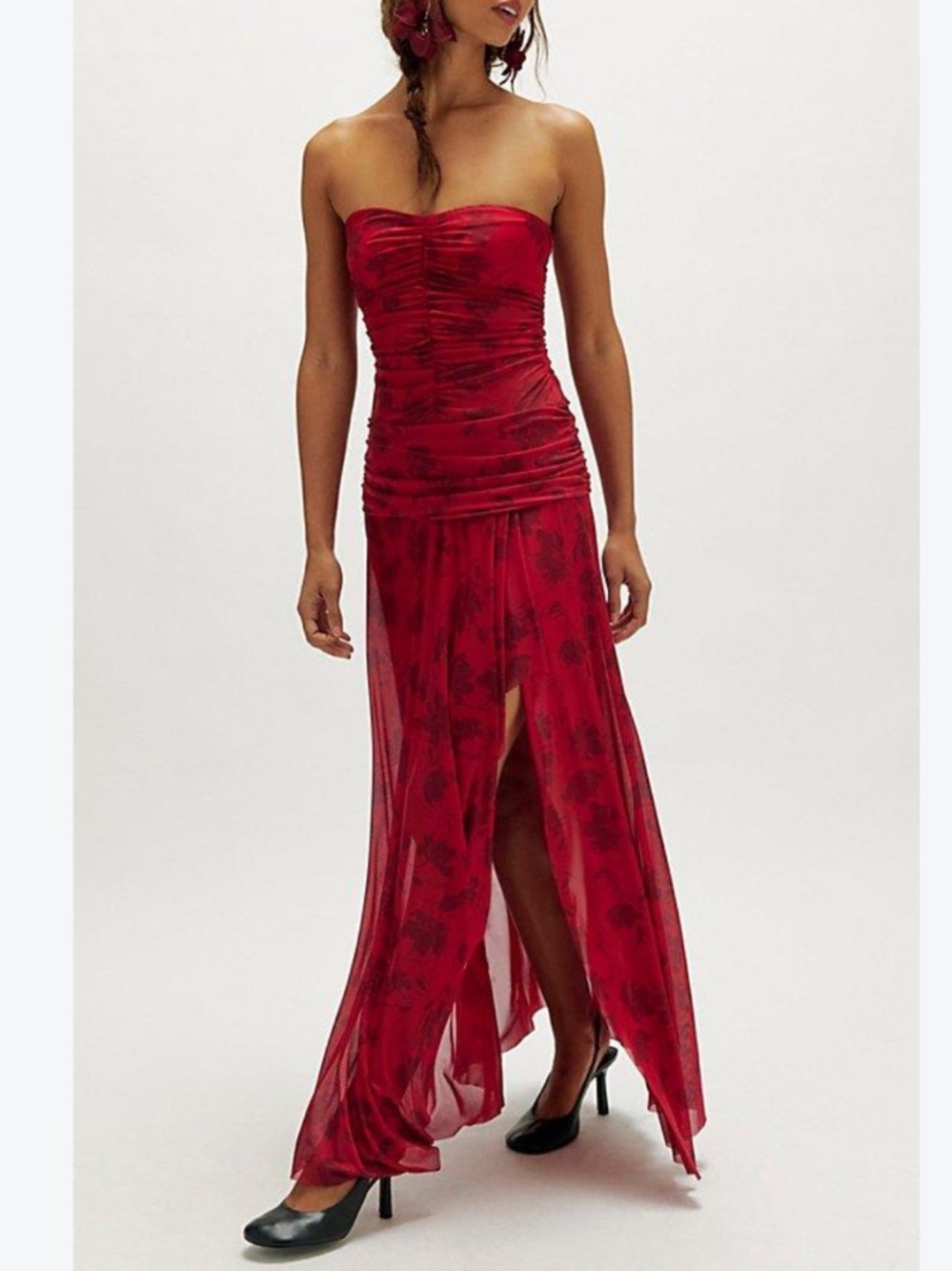 NWT Bec + Bridge Dress Rubi Strapless Sheer Maxi in Cherry Red Floral